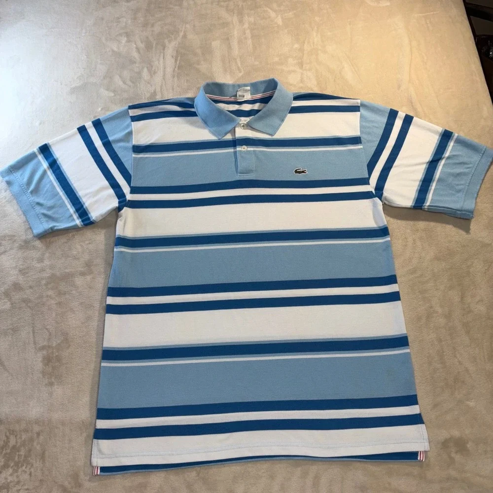Lacoste Mens 2X Striped Pique Polo Shirt Blue White Short Sleeve Logo Top